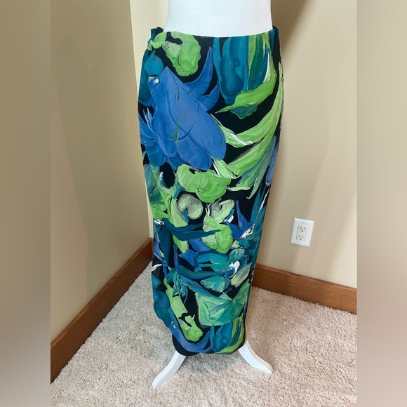 Vintage Cache 💙💚🖤 Black Spandex Zip Skirt W/ Floral Sarong Size 10 90s 🖤💙💚 - Picture 7 of 12